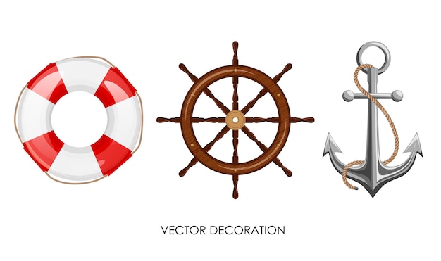 Set of lifebuoy wooden steering wheel anchor with rope on white background Isolated vintage ship objects Elements of sea boat equioment Marine theme decoration Vector illustration