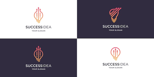 Set of light bulb and arrow logo design in line art style