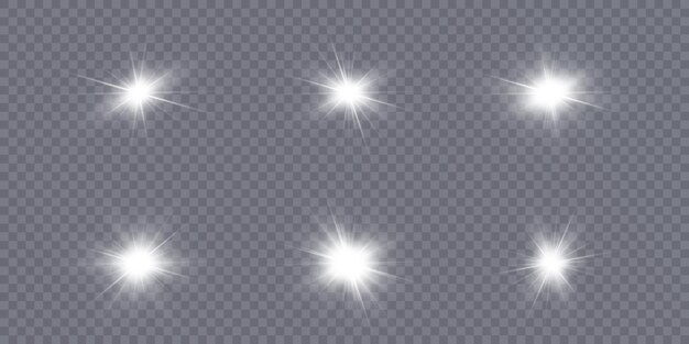 Set of light effects bright glowing light isolated on transparent background. Solar flare with rays