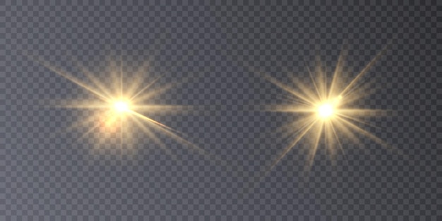 Set di effetti di luce. un lampo di luce calda, una stella su uno sfondo trasparente. sole, estate.