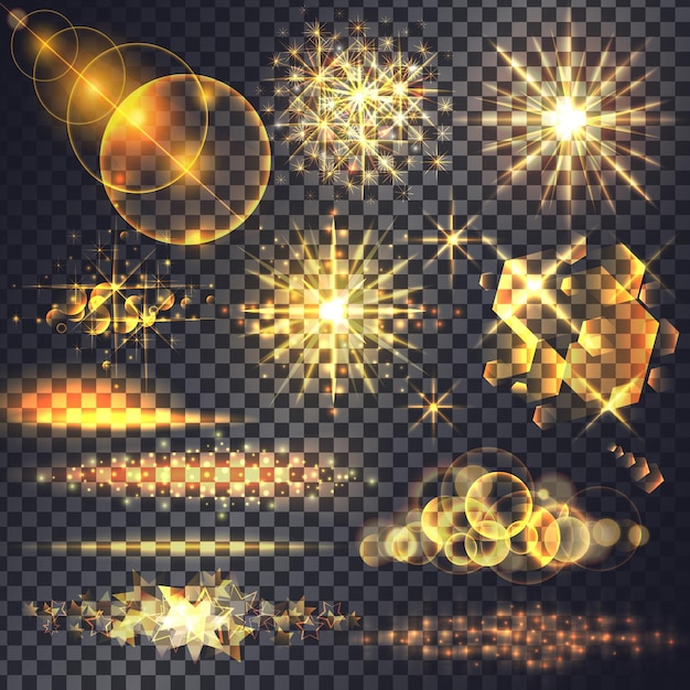 Vector set of light effects golden sparks fireworks a bright glow shimmering shining lights bokeh in form of star