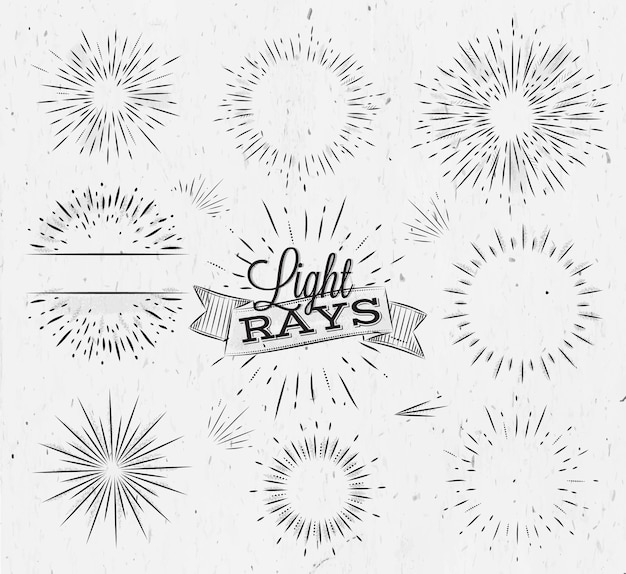 Vector set light ray in vintage style stylized drawing with coal