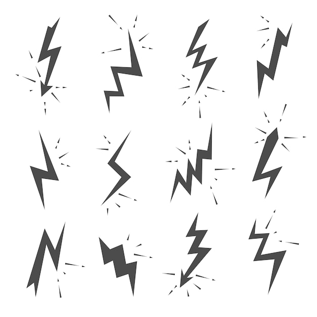 Vector set of lightning bolts. thunderbolts, voltage, electricity, flash and power signs.