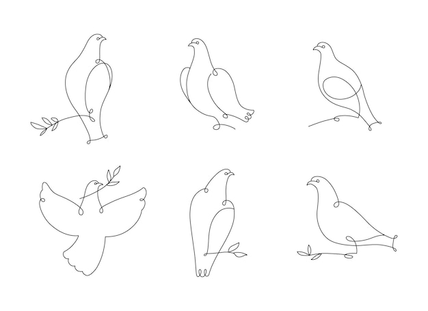 Vector set lijntekeningen duiven decoratieve duif minimalistische vogels takje met bladeren