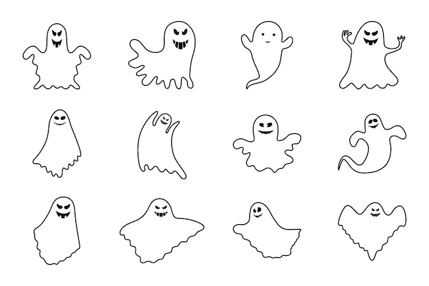 set lijntekeningen halloween geesten illustratie ontwerp Halloween elementen en objecten voor ontwerpprojecten