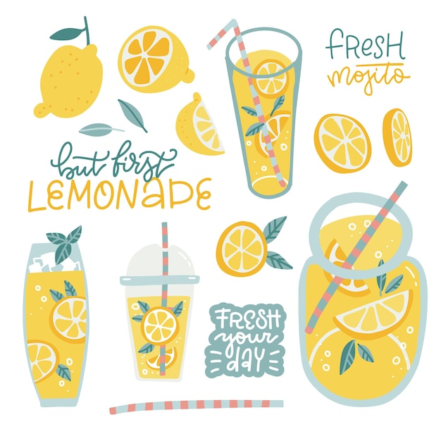 Vector set limonade elementen citroen ijs stro plastic gesneden glazen pot belettering citaten schijfje citroen hele h