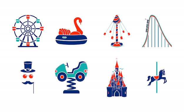 Set of line art amusement park ride icons.