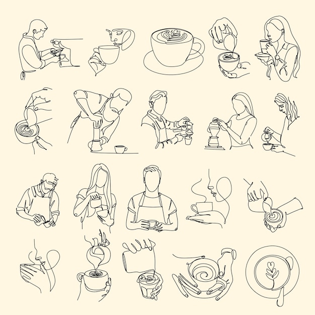 Set of line art of barista pouring milk to coffee Line Continue drawing of staff coffee vector illustration Minimalist