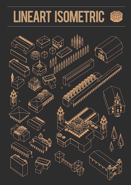 Set di edificio isometrico line art europa