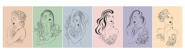 Set line art female portraits with flowers on her head. vector illustration isolated.