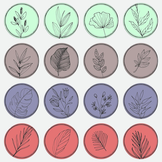 Set of line art hand drawn vector flower sticker illustrations