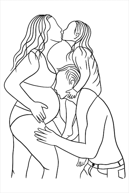 Set line art happy family mother children and husband maternity illustration