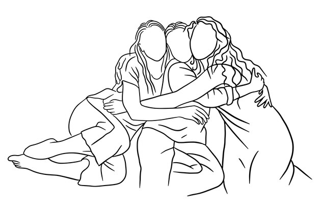 Set Line Art Happy Women Girl Friendship Best friends illustration