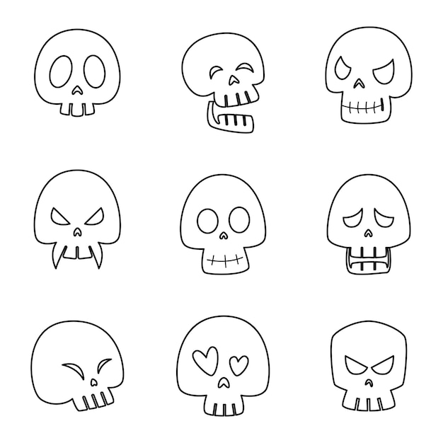 Set di teschi line art per halloween elementi e oggetti di halloween per progetti di design