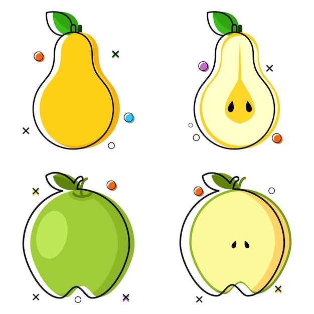 a set of line art slice of pear and apple fruit flat design. vector illustration