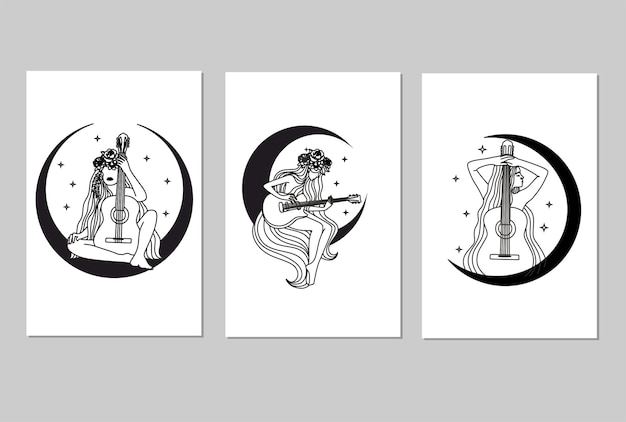 Set of line art woman playing guitar vector