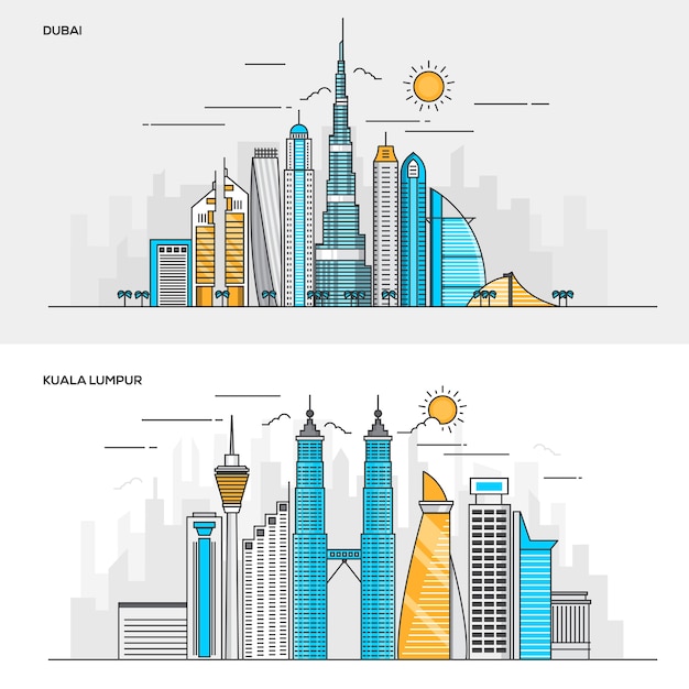 Set Line Color Banners s voor de stad Dubai en Kuala Lumpur. Concepten webbanner en drukwerk. Illustratie