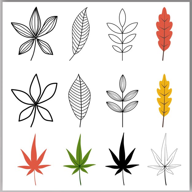 Vector set of line cut vector stamp black leaves and branch imprints on white background hand drew floral