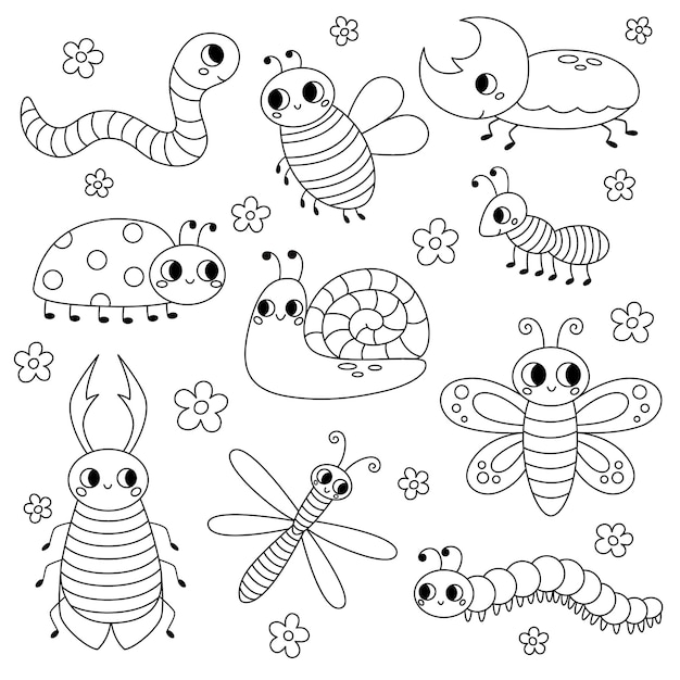 Set of line cute garden insects bugs Snail butterfly stagbeetle dragonfly worm ladybug bee rhinoceros beetle ant and caterpillar for children Funny childish characters