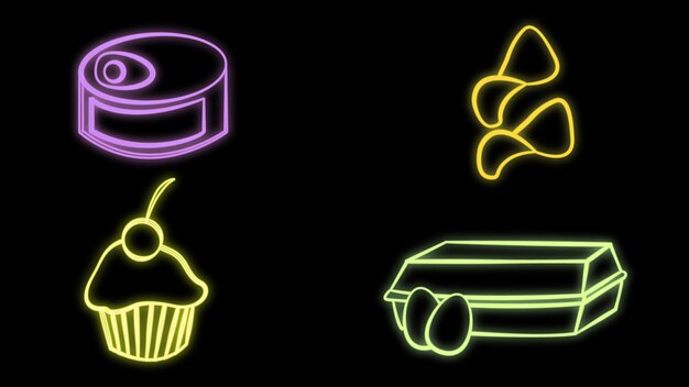 Vector set line donut milkshake cupcake and cookie or biscuit glowing neon icon on brick wall vector