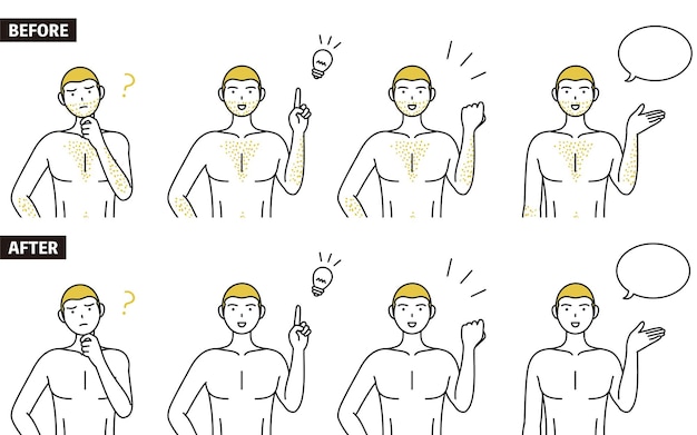 Set of line drawing poses of a man suffering from thick body hair talking questioning inspiration guts pose