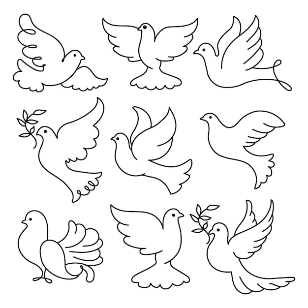 Set of line drawings of doves. Icons, decor elements, logo, vector