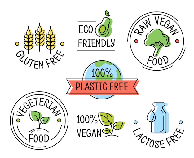 Set of line eco logo icons, gluten, plastic, lactose free labels, vegetarian food