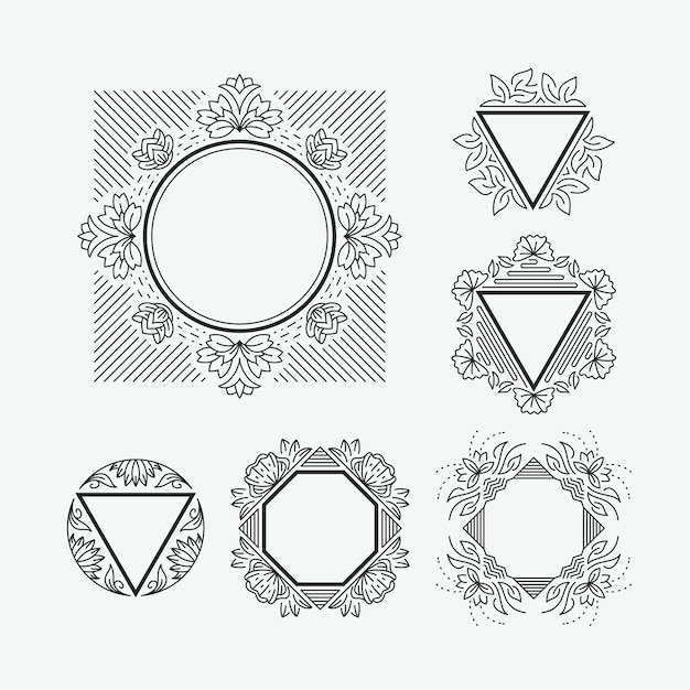 Set of line frames with floral and geometrical elements.