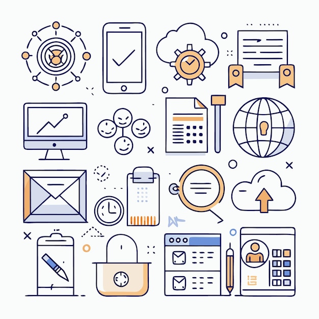 Set of Line Icons Related to Business Technology and Social Media