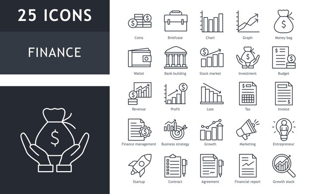 Vector set of line icons related to finance business bank money economic currency exchange