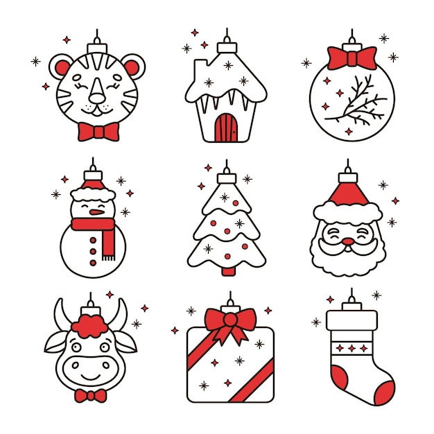 Set of line icons with Christmas decorations. Vector linear illustration.