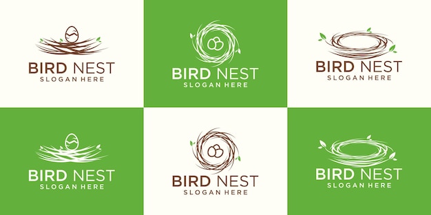 Vector set line illustration of natural bird39s nest icon logo with beautiful roots and leaves symbols