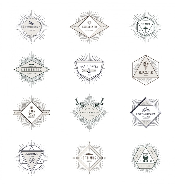 Vector set of line signs and emblems with sunburst rays