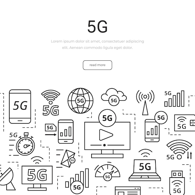 Набор линейных элементов технологии 5G Новая высокоскоростная связь мобильной сети Минималистская векторная инфографика Иллюстрация для баннера