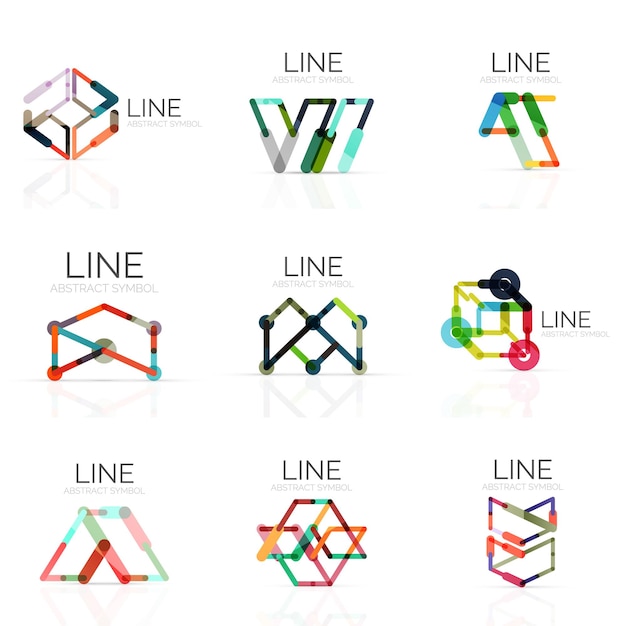 Набор линейных абстрактных логотипов, соединенных линиями разноцветных сегментов в геометрических фигурах