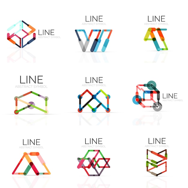 Set of linear abstract logos connected multicolored segments lines in geometrical figures