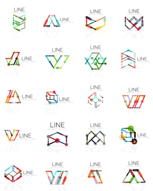 Set of linear abstract logos connected multicolored segments lines in geometrical figures