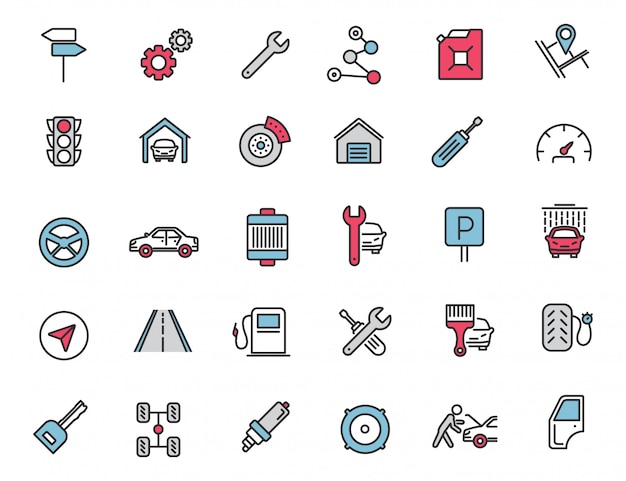 Vector set of linear car service icons vehicle icons