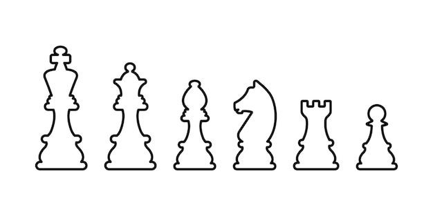 Set of linear chess vector icons Black silhouette with outline chess King queen pawn horse