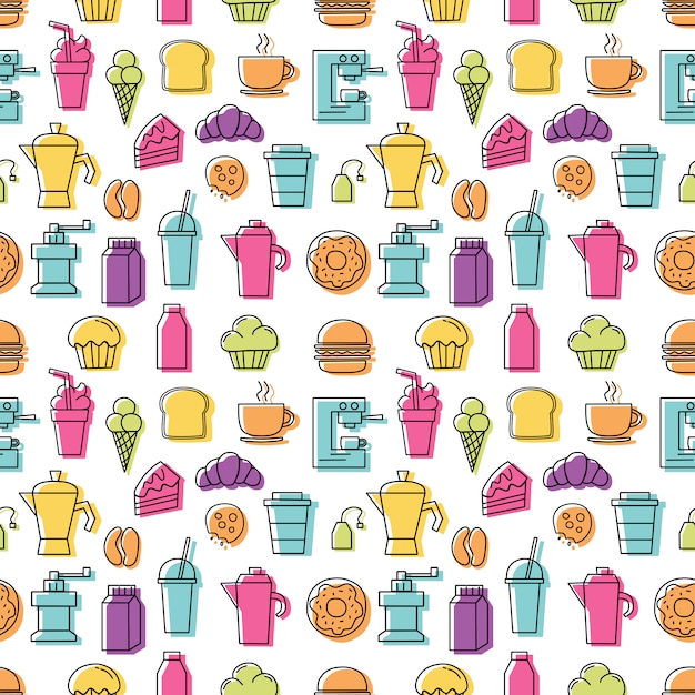 Set of linear colorful icons for coffee shop pattern seamless with white background.