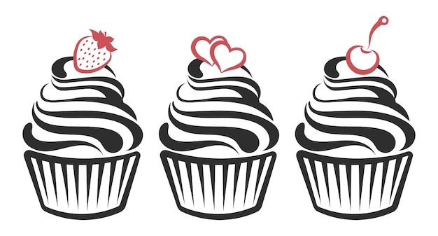 Set di silhouette lineari per cupcake line art clipart isolati su sfondo bianco dessert dolci