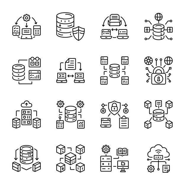 線形データベースのセキュリティアイコンのセット