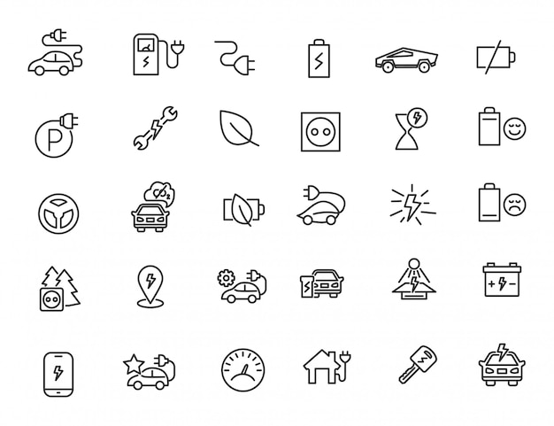 Set of linear electric car icons Chrager station icons