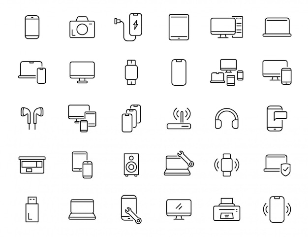 Set di icone lineari di elettronica. icone di tecnologie informatiche nella progettazione semplice. illustrazione vettoriale