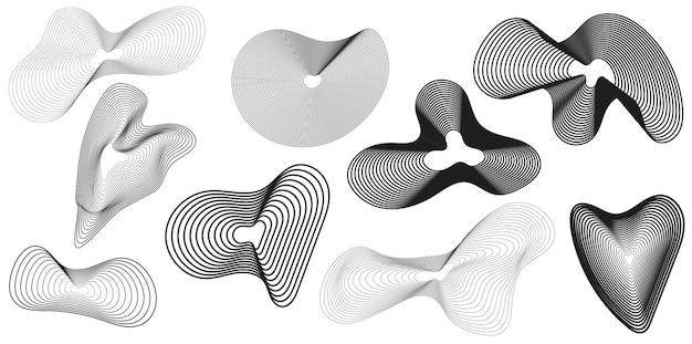 Set of linear figures Wireframe abstract wavy shapes 80s cyberpunk elements vector set