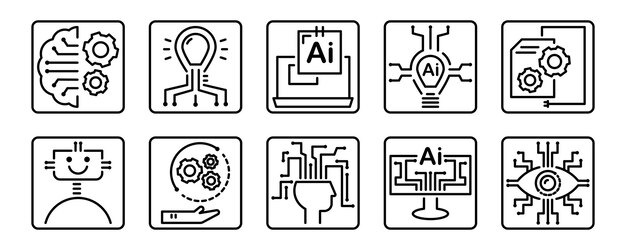 Set of linear icons Artificial intelligence concept Vector set of signs for mobile applications