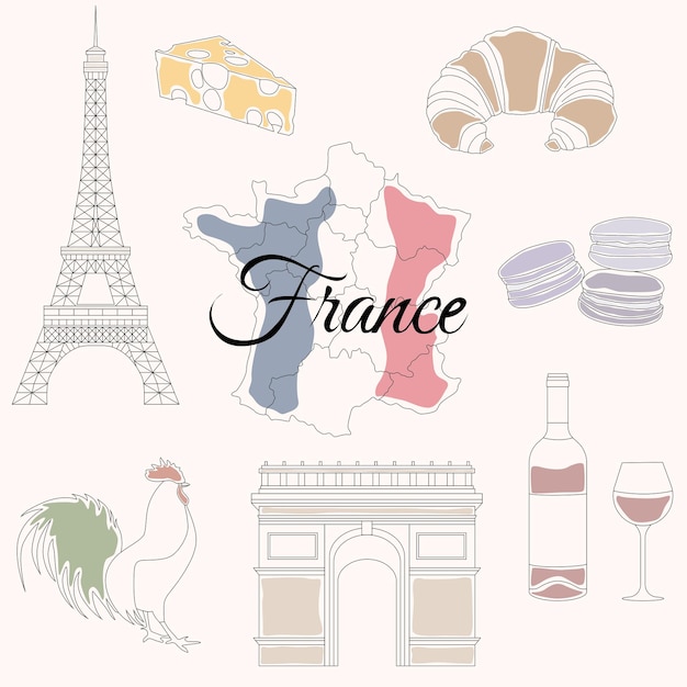 Set of linear icons on the theme of french landmarks.