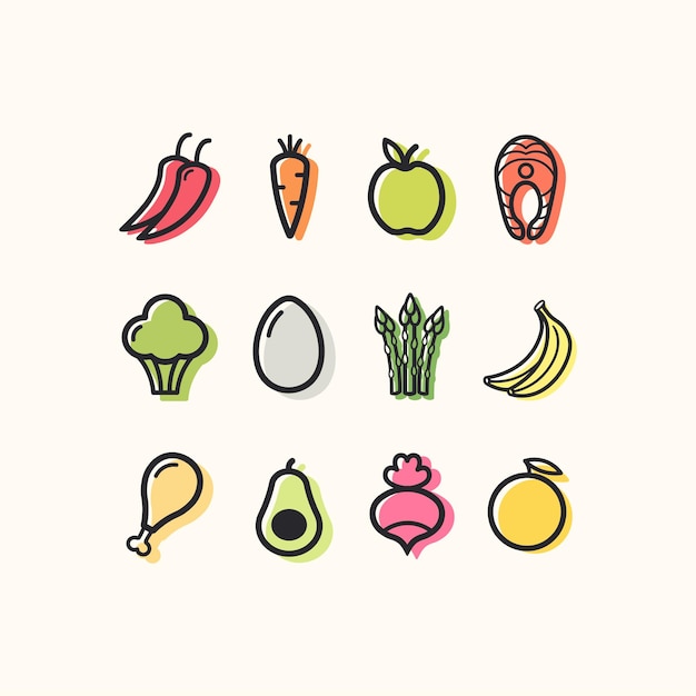 Set of linear icons of vegetables meat and fruits for a healthy diet