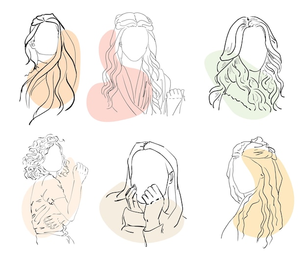 Vector set of linear images of faceless women with abstract color spots cartoon sketch on a white background