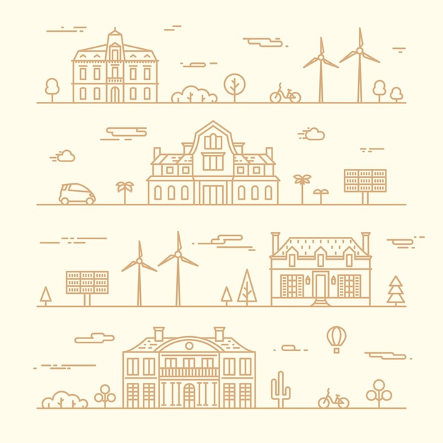 Set of linear skylines with houses, wind mills and solar batteries. vector design elements for city